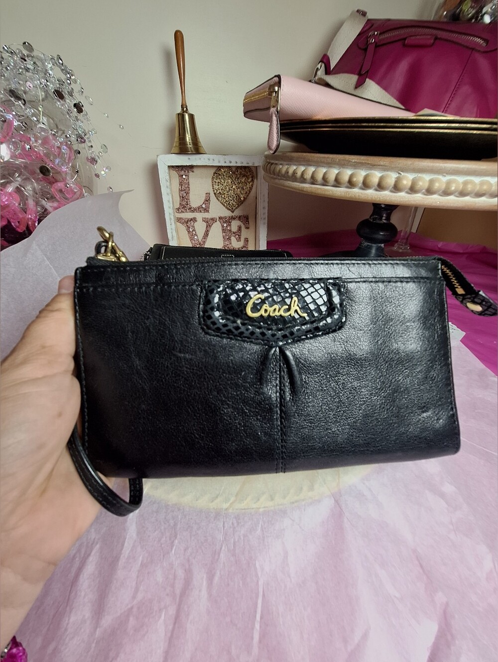 Coach Black Leather Wristlet with Gold Logo Accent